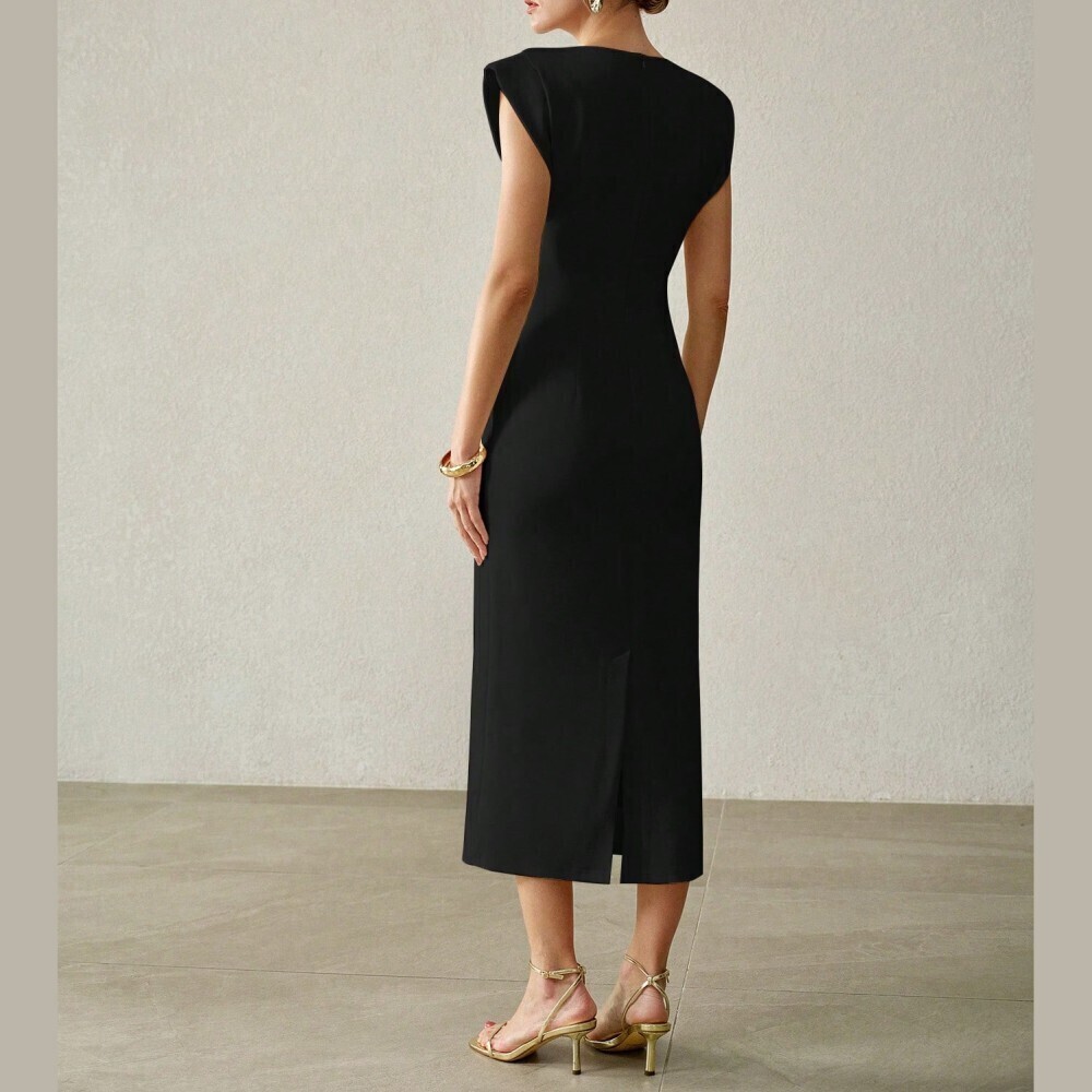 Black Shell Detailing Cutout Cap Sleeve Midi Sheath Dress - Picture 6 of 6